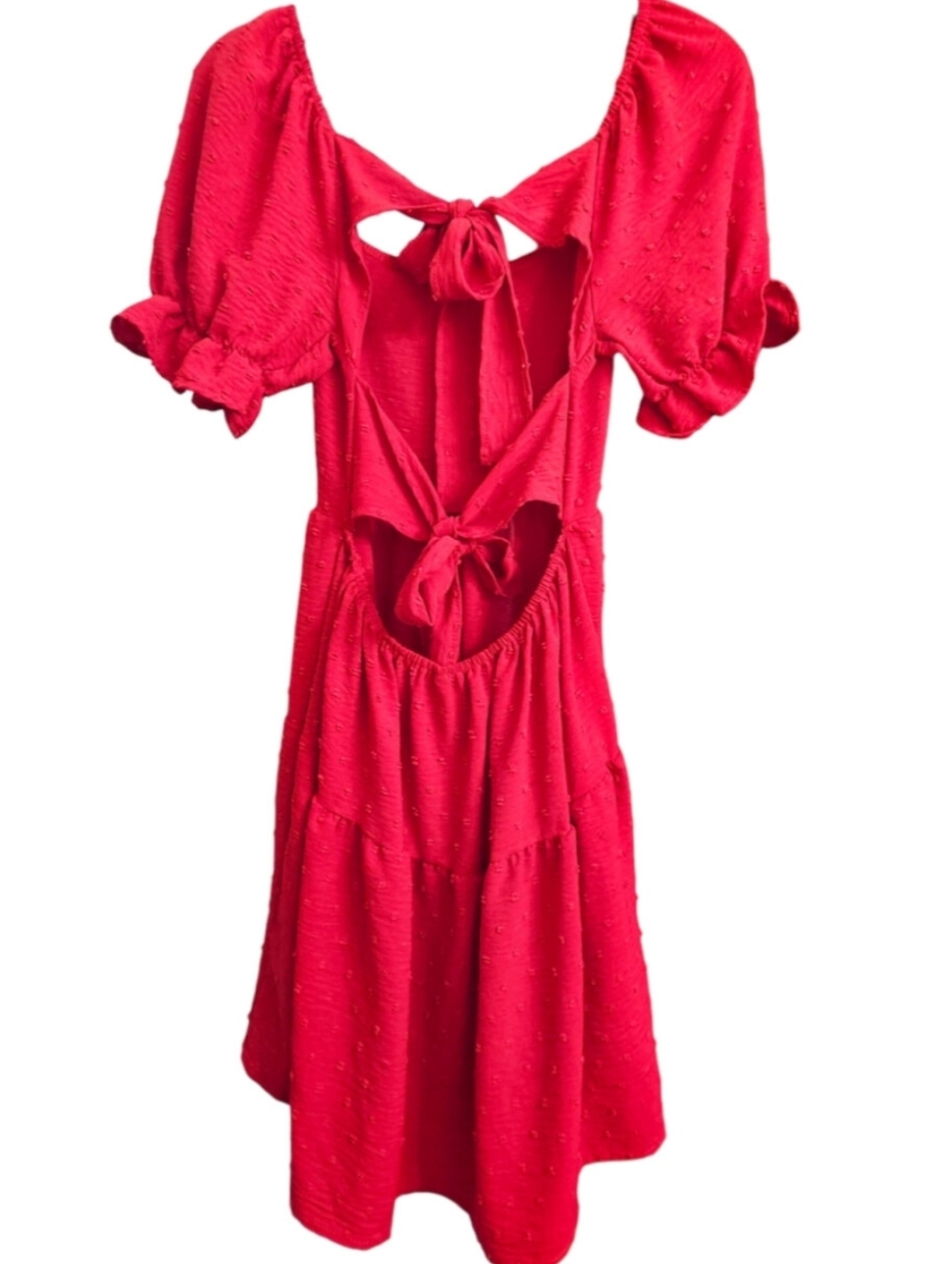 Red Textured Dots Scoop Neck Open Back Ruffle Bubble Sleeve Hi-Lo Dress Large - Picture 3 of 7